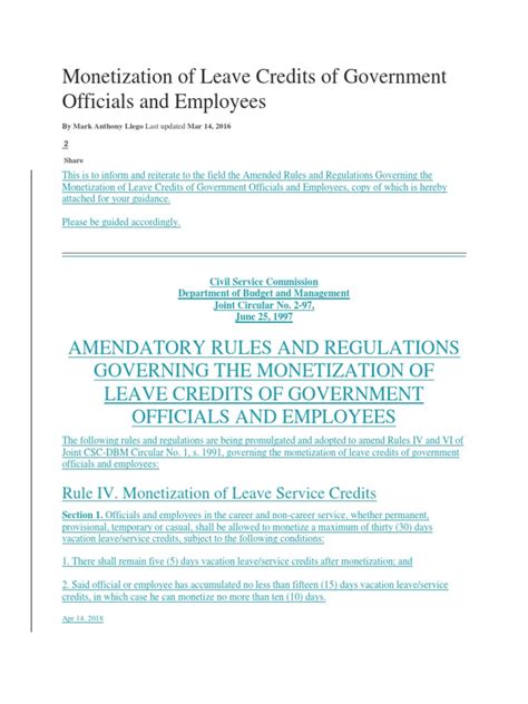 Monetization of Leave Credits of Government Officials .